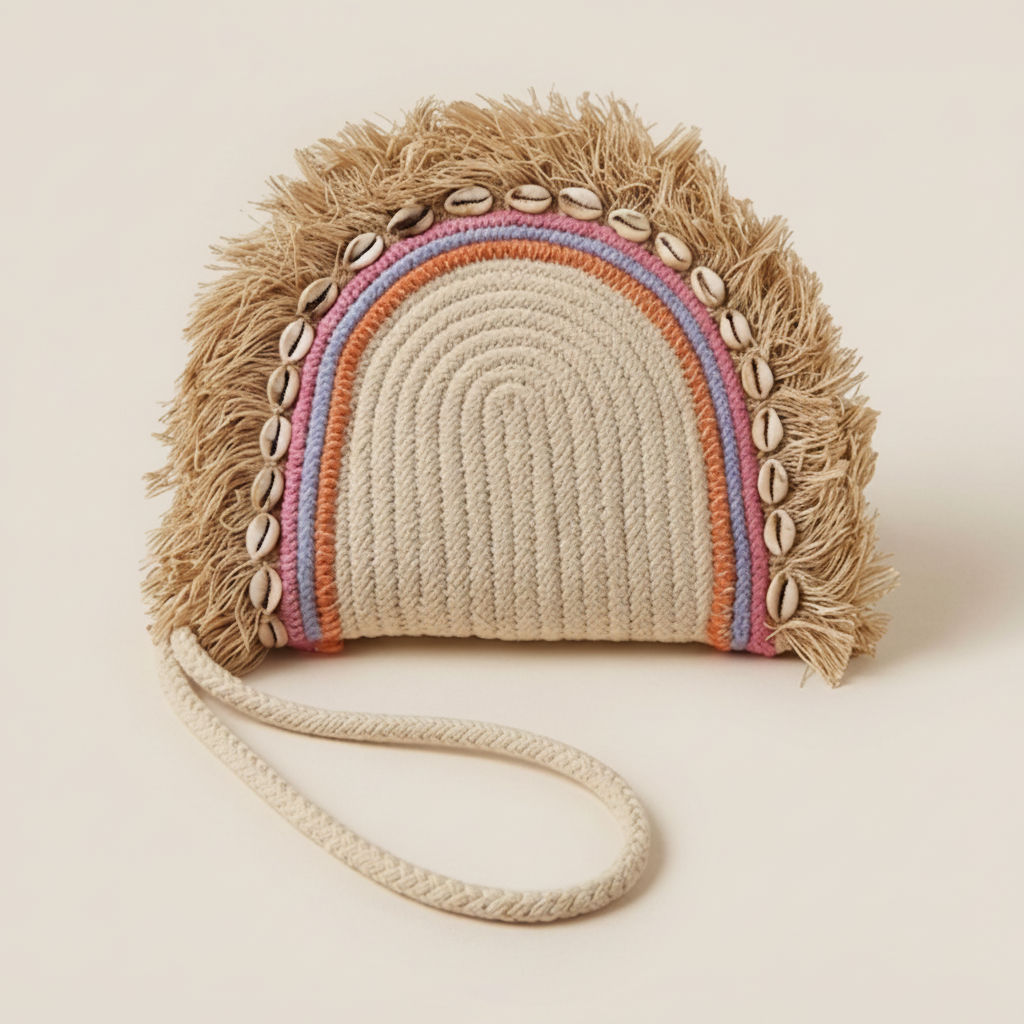 Handmade bag with rainbow pattern and shell embellishments on a beige background